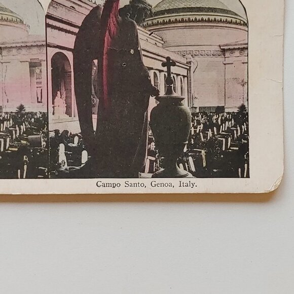 Antique Stereograph Card "Campo Santo, Genoa, Italy" Colour Card - Picture 3 of 4